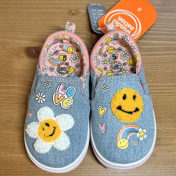 Wonder Nation Baby Denim Slip On Shoes Size 5 NWT Happy Face - Picture 2 of 9
